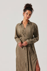 A woman wearing a long, button-up dress made of shiny, textured fabric in an olive green color. The dress has long sleeves with cuffs, a collar, and a waist tie. There is a slit on the side, revealing part of her leg.